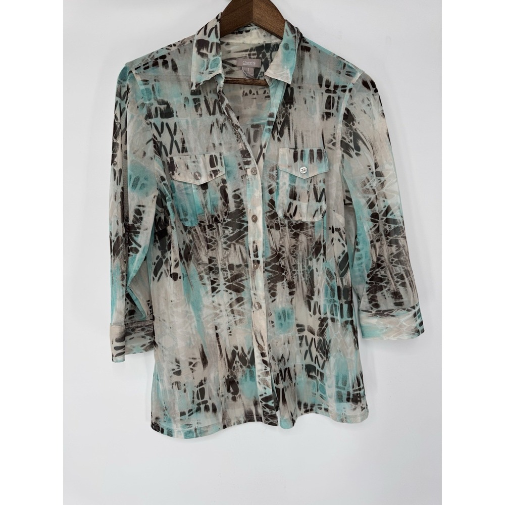 Sheer Chicos 3/4 Sleeve Beachy Abstract Artsy Boho Button Up Blouse cover up